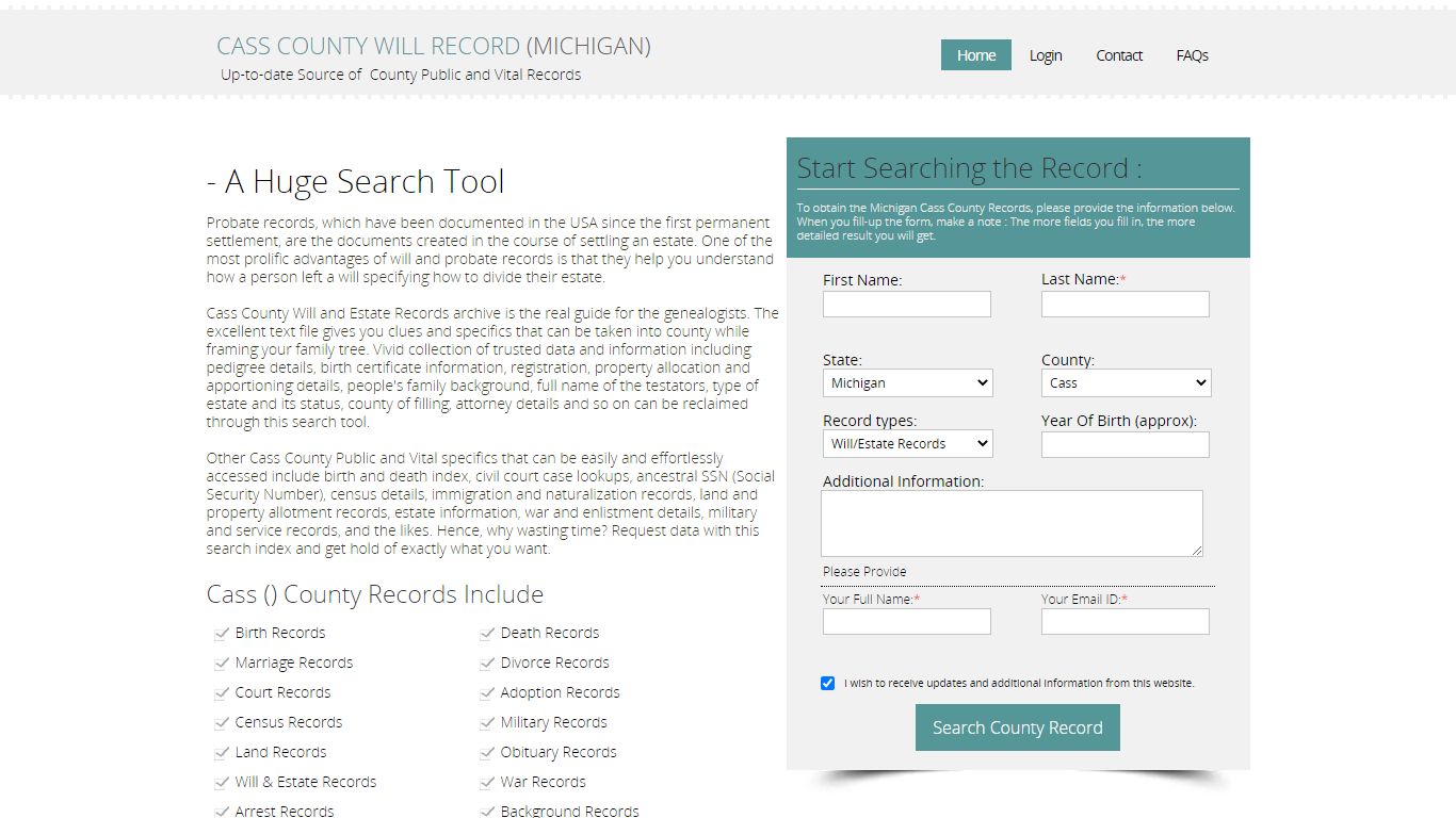 Cass County, Michigan Public Will & Estate Records Index